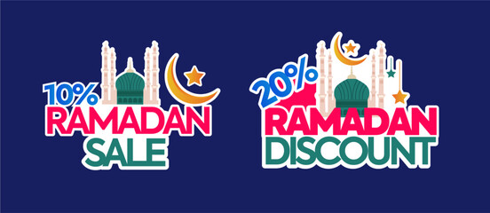10% and 20% Ramadan sale and discount banner, stickers, labels design. 10% sale and 20% Ramadan discount announcement banner with dark blue background with mosque and crescent moon and star icons. 