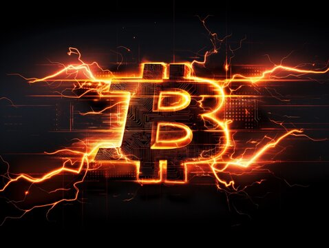 Bitcoin symbol with lightning bolts on dark background