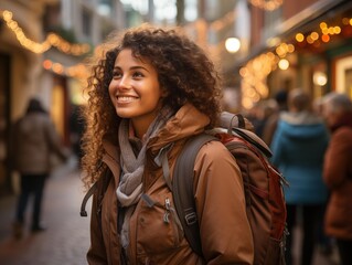 Obraz premium A Smiling Woman with a Backpack in a Busy Evening Street Scene