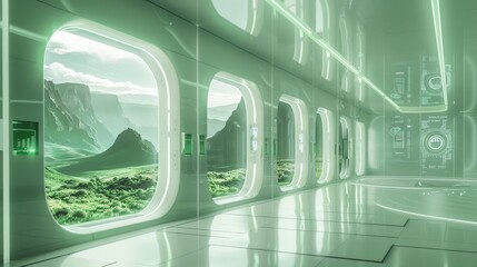 Futuristic Glowing White Data Center Overlooking Spring Green Valley