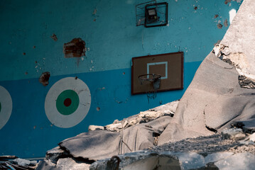 destroyed and burned school in the city Russia Ukraine war