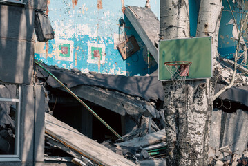destroyed and burned school in the city Russia Ukraine war