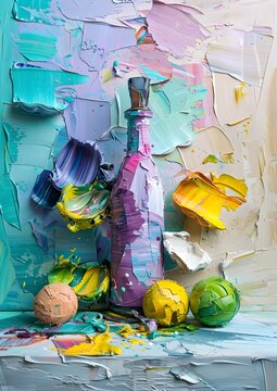 Colorful Bottle and Fruit Painting in Sculpted Impressionism Style