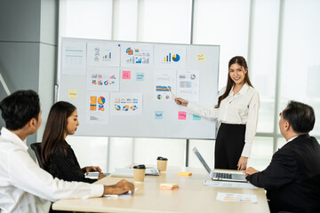 Young asian business woman presenting business chart with team in meeting room. Business meeting concept.