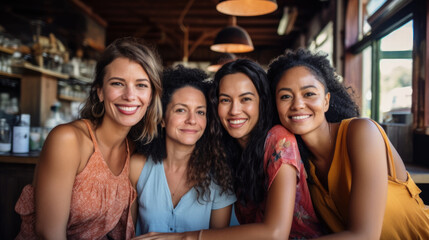 Fototapeta premium Mature women hug and look at camera on city street. Portrait of happy middle age friends outside. Female friendship