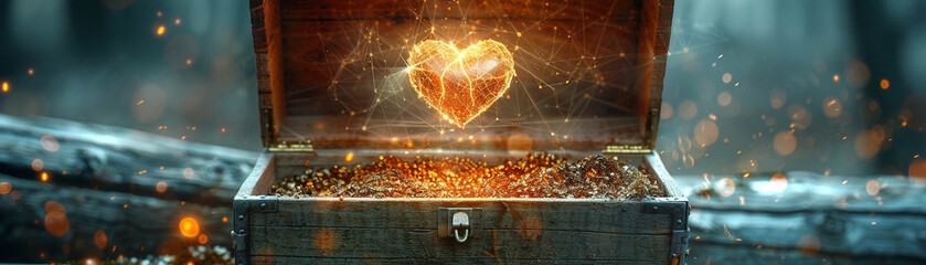 Treasure box opening to reveal a quantum computer heart bathed in a mystical light