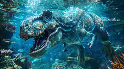 Underwater digital ocean scene where futuristic cyber enhanced dinosaurs swim among glowing high tech coral reefs