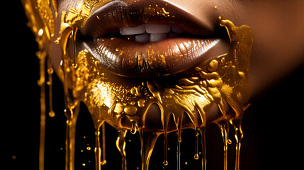 Intricately adorned with gold paint, a woman's face mesmerizes with striking lipgloss drips, showcasing makeup artistry.