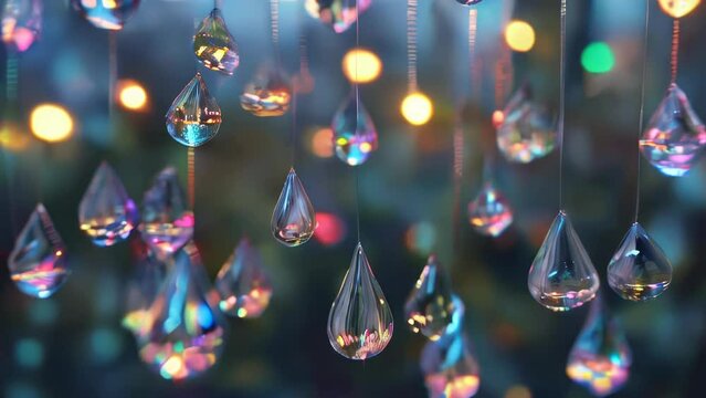 Transparent crystal droplets are strung together, with the blurred lights and reflections in the background creating a dazzling effect.
