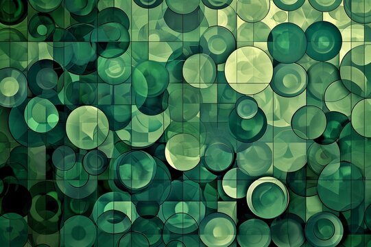 : A geometric pattern of circles and squares in different shades of green.