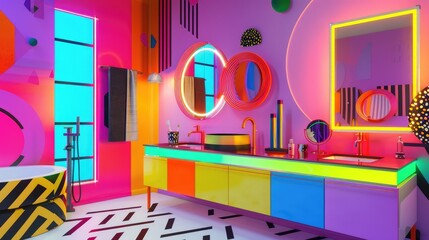 Vibrant Pop Art Bathroom Vanity with Neon Accents - Bold, Colorful and Playful Interior Design