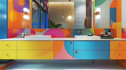 Bold and Colorful Pop Art Bathroom Vanity with Neon Accents - Fun and Playful Interior Design