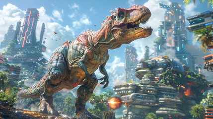 Animators creation a digital arena where cybernetic dinosaurs battle amidst a backdrop of futuristic sci fi cities and magic infused landscapes