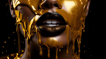 Intricately adorned with gold paint, a woman's face mesmerizes with striking lipgloss drips, showcasing makeup artistry.