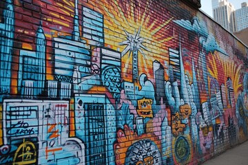 : A graffiti mural of a city skyline with various symbols and words.