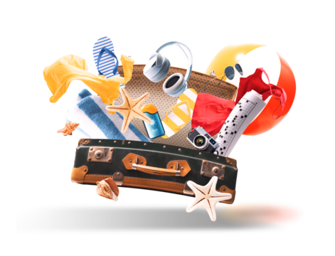 Flying open suitcase and beach accessories
