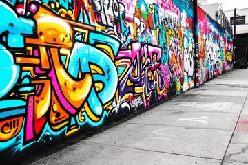 Naklejka premium : A graffiti wall with various words and symbols in bright colors.