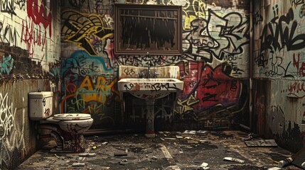 Rebellious Urban Graffiti: Colorful Street Art on Gritty Bathroom Vanity in Edgy City Setting