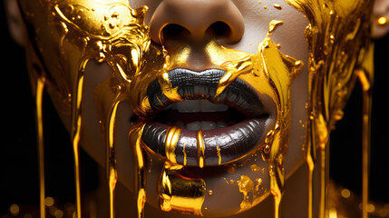 Intricately adorned with gold paint, a woman's face mesmerizes with striking lipgloss drips, showcasing makeup artistry.