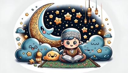 Illustration for ramadan with scene of a crescent moon with a happy child reading quran.
