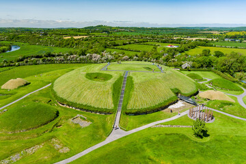 Fototapeta premium Aerial view of Knowth, the largest and most remarkable ancient monument in Ireland. Prehistoric passage tombs, part of the World Heritage Site of Bru na Boinne, valley of the River Boyne.