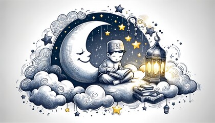 Illustration in sketchy style for ramadan with a child sitting on a cloud and reading a quran.