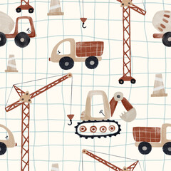 Beautiful seamless pattern with hand drawn cute baby toy illustrations. Construction equipment. Dump truck, concrete mixer, excavator, crane.