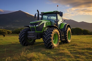 Obraz premium Farmer driving a modern tractor through a beautiful, sunlit field on a clear and bright day