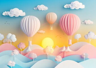 Fototapeta na wymiar Sunny Day with Hot Air Balloons in Paper Art Style