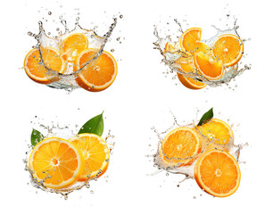 Orange slices with splash icon set, 3D render style, isolated on white or transparent background.