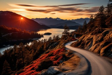 Tranquil lake and road at sunset, nature landscape view for background or design