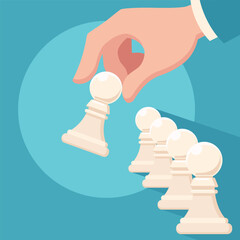 Hand moving pawn chess piece vector icon