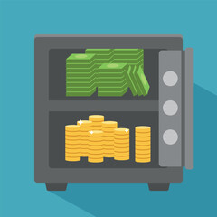 Opened metal safe with money vector icon