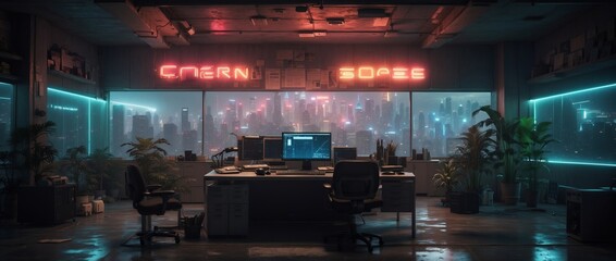 Futuristic office interior. Neon lighting, high-tech atmosphere