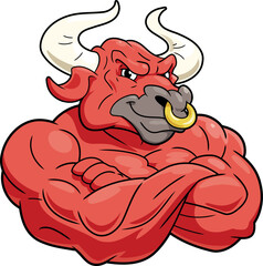 Cartoon illustration of Smiling muscular bull on white background