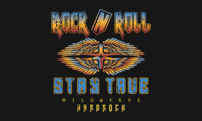 Rock and roll vintage t shirt design wing vector artwork for poster, sticker, fashion and others Print-1