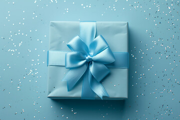 blue gift box with ribbon on a light blue background with a bokeh