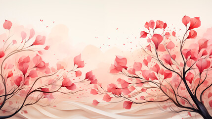 Illustration with pink and peach pastel colored leaves watercolor flower. Beautiful watercolor background in warm colors.
