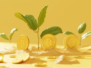 A 3D illustration of a bitcoin crypto currency plant on light yellow background