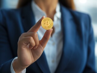 Close-up shot of a business woman holding one golden bitcoin in her hand