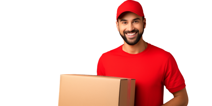 Delivery smiling man and woman in red t-shirt holding boxes isolated on a transparent background.