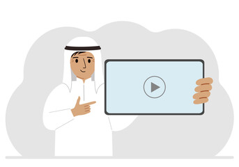 Man holding tablet computer with video player. Marketing concept in flat style.