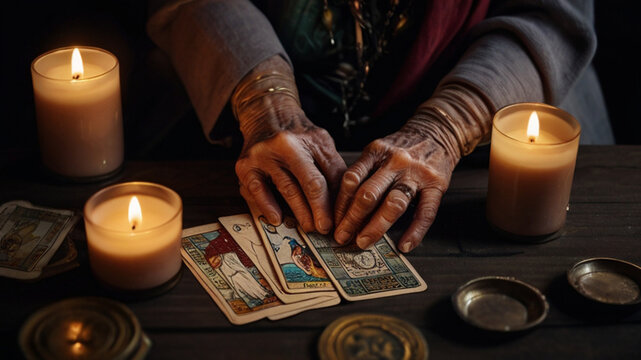 Elderly lady reading magic tarot cards to gain insight into the past, present or future.
