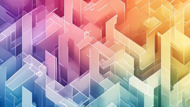 A colorful maze is depicted with each passage highlighted by light and shadow.
