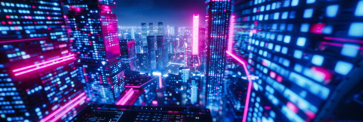 Obraz premium Urban Night Glow, A Spectacular View of the Citys Pulse, Illuminated by the Advances of Modern Technology