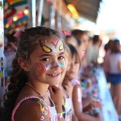 Face painting booth at a carnival, line of kids waiting excitedly