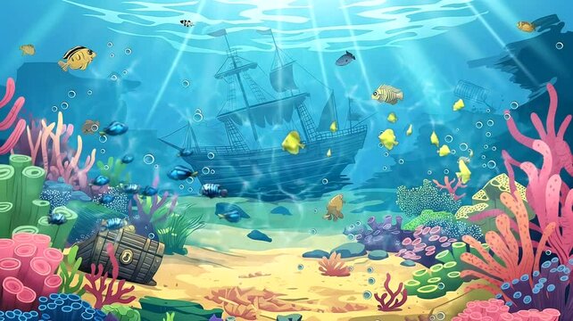 Coral reef and fishes with sinking ship. Seamless looping time-lapse 4k video animation background