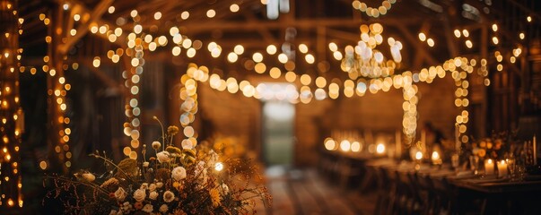 Fairy lights twinkle at a rustic barn wedding, magical ambiance