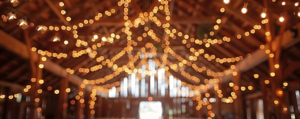Obraz premium Fairy lights twinkle at a rustic barn wedding, magical ambiance