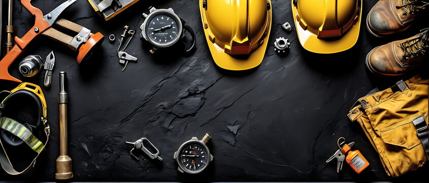 A flat lay image of various Industrial safety equipment